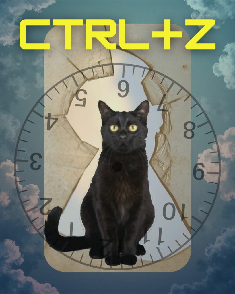 black cat with backwards clock, clouds, broken glass